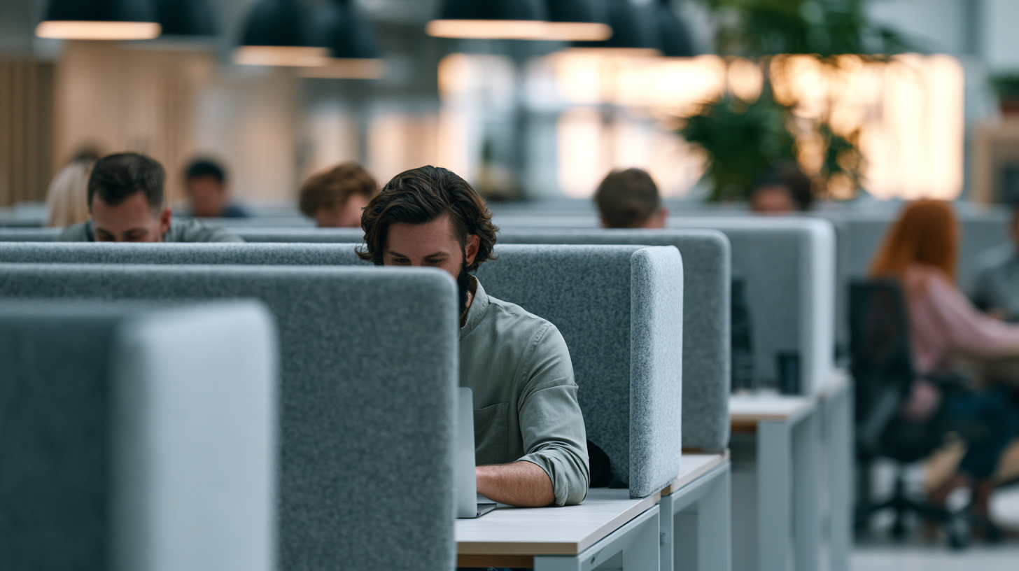 Employee focused at a desk with acoustic privacy panels in an open office